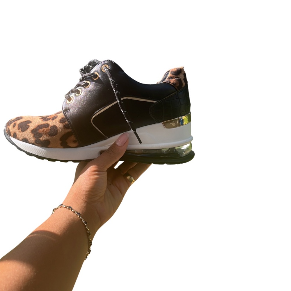 Leopard print sneakers with gold accents, Nine West brand